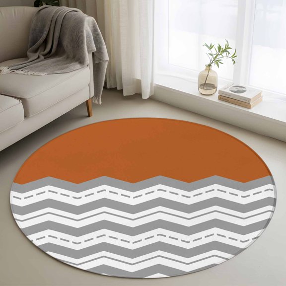 Round Rugs 3Ft, Grey Chevron Round Area Rug Washable Indoor Throw Carpet, Geometric Orange Print Wavy Striped White Small Non Slip Circle Rug for Bedroom Living Room Home Decor Aesthetic