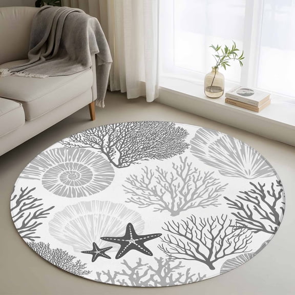 Round Rugs 3Ft, Grey Coastal Round Area Rug Washable Indoor Throw Carpet, Ocean Coral Starfish Shell Modern Sea Small Non Slip Circle Rug for Bedroom Living Room Home Decor Aesthetic