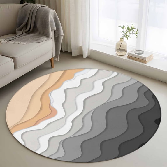 Round Rugs 3Ft, Grey Geometric Beach Round Area Rug Washable Indoor Throw Carpet, Ombre Waves Moire Abstract Art Small Non Slip Circle Rug for Bedroom Living Room Home Decor Aesthetic