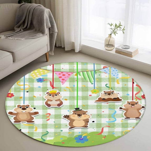 Round Rugs 3Ft, Groundhog Day Round Area Rug Washable Indoor Throw Carpet, Colorful Ribbon Green Plaid Spring Small Non Slip Circle Rug for Bedroom Living Room Home Decor Aesthetic