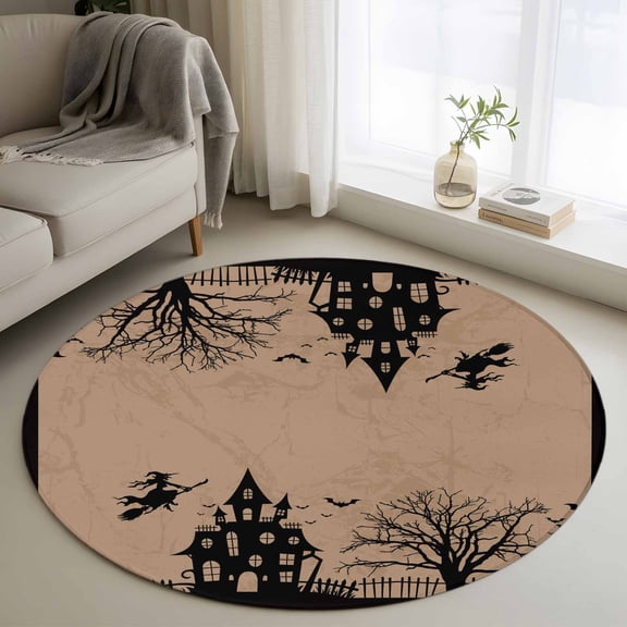 Round Rugs 3Ft, Halloween Castle Round Area Rug Washable Indoor Throw Carpet, Horrible Witch Evil Pumpkin Brown Vintage Small Non Slip Circle Rug for Bedroom Living Room Home Decor Aesthetic