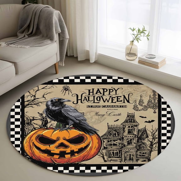 Round Rugs 3Ft, Halloween Evil Pumpkin Round Area Rug Washable Indoor Throw Carpet, Horror Black Crow Castle Vintage Plaid Small Non Slip Circle Rug for Bedroom Living Room Home Decor Aesthetic