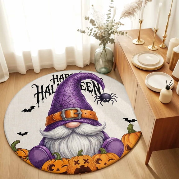 Round Rugs 3Ft, Halloween Gnomes Round Area Rug Washable Indoor Throw Carpet, Evil Skull Pumpkins Horror Bat Small Non Slip Circle Rug for Bedroom Living Room Home Decor Aesthetic