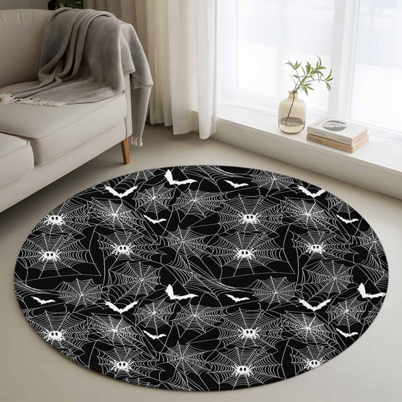 Round Rugs 3Ft, Halloween Round Area Rug Washable Indoor Throw Carpet, Black Scary White Bat Animal Net Geometric Small Non Slip Circle Rug for Bedroom Living Room Home Decor Aesthetic