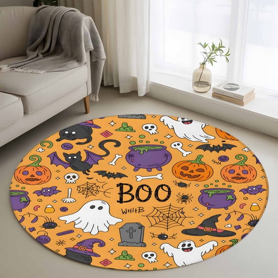 Round Rugs 3Ft, Halloween Round Area Rug Washable Indoor Throw Carpet, Orange Cartoon Pumpkin Cat Star Bat Country Small Non Slip Circle Rug for Bedroom Living Room Home Decor Aesthetic