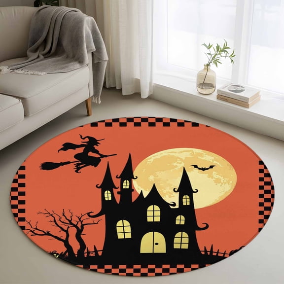 Round Rugs 3Ft, Halloween Round Area Rug Washable Indoor Throw Carpet, Orange Horror Castle Evil Witch Full Moon Night Small Non Slip Circle Rug for Bedroom Living Room Home Decor Aesthetic