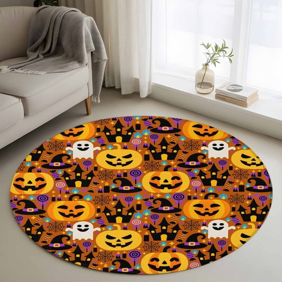 Round Rugs 3Ft, Halloween Round Area Rug Washable Indoor Throw Carpet, Orange Yellow Pumpkin Ghost Candy Castle Small Non Slip Circle Rug for Bedroom Living Room Home Decor Aesthetic