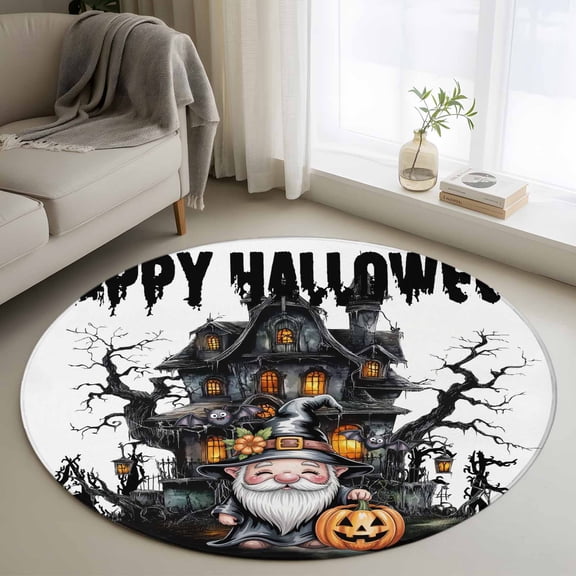 Round Rugs 3Ft, Halloween Round Area Rug Washable Indoor Throw Carpet, Skull Pumpkin Gnomes Bare Tree Hunting House Small Non Slip Circle Rug for Bedroom Living Room Home Decor Aesthetic