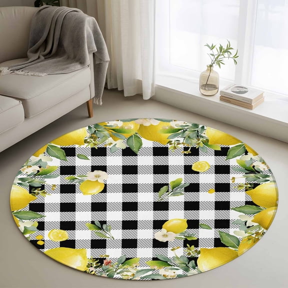 Round Rugs 3Ft, Lemon Farmhouse Round Area Rug Washable Indoor Throw Carpet, Summer Fruit Botanical Black Checked Small Non Slip Circle Rug for Bedroom Living Room Home Decor Aesthetic