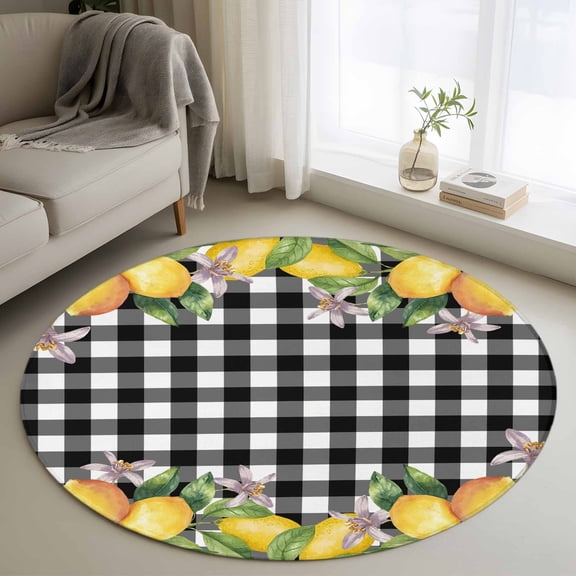 Round Rugs 3Ft, Lemon Round Area Rug Washable Indoor Throw Carpet, Black Plaid Check Yellow Fruit Flower Floral Small Non Slip Circle Rug for Bedroom Living Room Home Decor Aesthetic