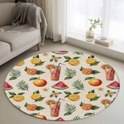 Round Rugs 3Ft, Lemon Tea Round Area Rug Washable Indoor Throw Carpet, Country Summer Coconut Leaf Watermelon Flower Small Non Slip Circle Rug for Bedroom Living Room Home Decor Aesthetic