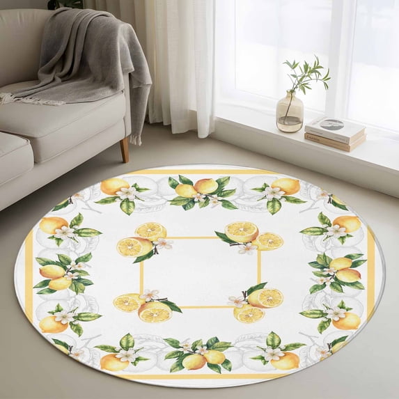 Round Rugs 3Ft, Lemon Yellow Round Area Rug Washable Indoor Throw Carpet, Modern Country Flower Floral Summer Spring Small Non Slip Circle Rug for Bedroom Living Room Home Decor Aesthetic