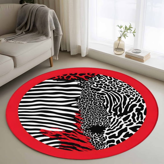 Round Rugs 3Ft, Leopard Round Area Rug Washable Indoor Throw Carpet, Red Polka Dot Black and White Striped Small Non Slip Circle Rug for Bedroom Living Room Home Decor Aesthetic