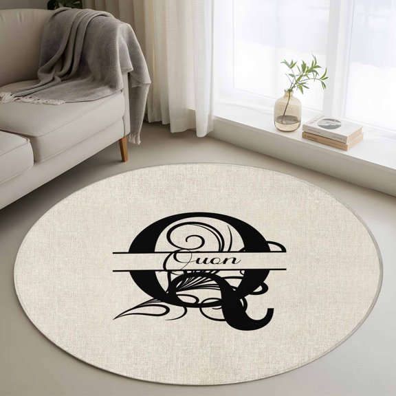 Round Rugs 3Ft, Letter Q Round Area Rug Washable Indoor Throw Carpet, Monogram Words Small Non Slip Circle Rug for Bedroom Living Room Home Decor Aesthetic