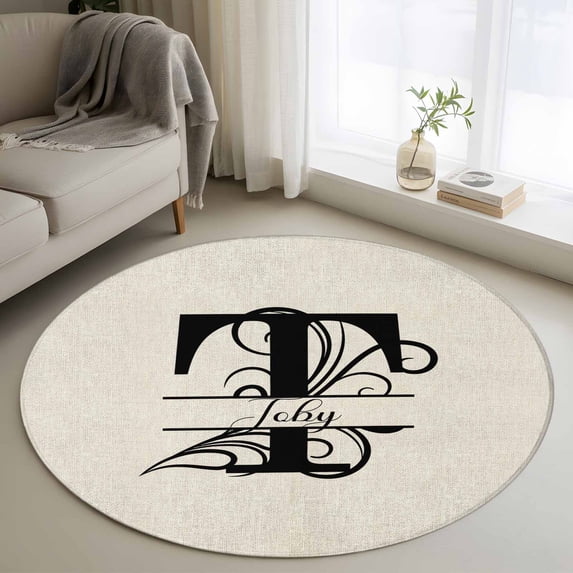 Round Rugs 3Ft, Letter T Round Area Rug Washable Indoor Throw Carpet, Monogram Words Small Non Slip Circle Rug for Bedroom Living Room Home Decor Aesthetic