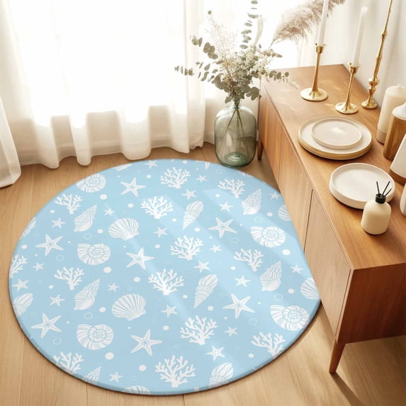 Round Rugs 3Ft, Light Blue Coastal Round Area Rug Washable Indoor Throw Carpet, Nautical Starfish Coral Shell Summer Ocean Small Non Slip Circle Rug for Bedroom Living Room Home Decor Aesthetic
