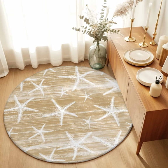 Round Rugs 3Ft, Light Brown Coastal Starfish Round Area Rug Washable Indoor Throw Carpet, Nautical Summer Beach Ocean Small Non Slip Circle Rug for Bedroom Living Room Home Decor Aesthetic
