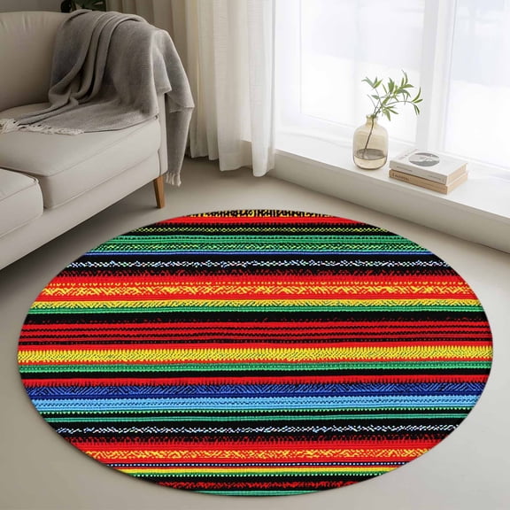 Round Rugs 3Ft, Mexico Stripes Round Area Rug Washable Indoor Throw Carpet, Colored Abstract Striped Orange Red Boho Small Non Slip Circle Rug for Bedroom Living Room Home Decor Aesthetic