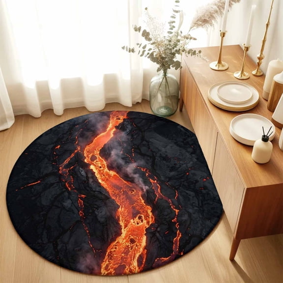 Round Rugs 3Ft, Molten River Round Area Rug Washable Indoor Throw Carpet, Magma Field Fiery Orange Grey Black Small Non Slip Circle Rug for Bedroom Living Room Home Decor Aesthetic