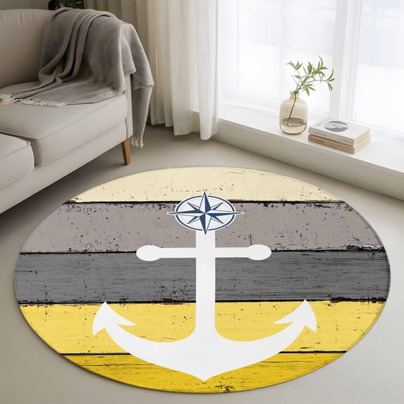 Round Rugs 3Ft, Nautical Anchor Round Area Rug Washable Indoor Throw Carpet, Yellow Gray Gradient Wooden Grain Small Non Slip Circle Rug for Bedroom Living Room Home Decor Aesthetic