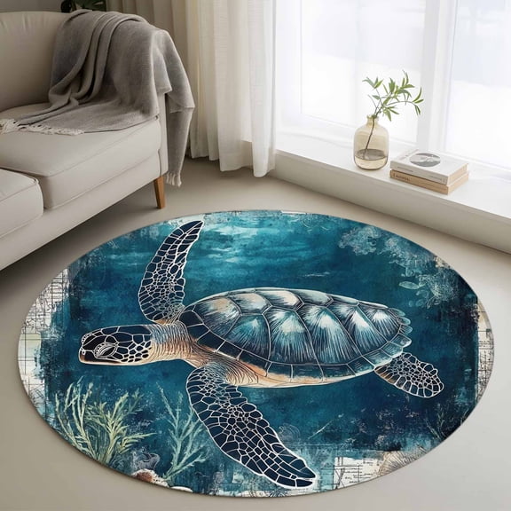 Round Rugs 3Ft, Nautical Sea Turtle Round Area Rug Washable Indoor Throw Carpet, Coastal Vintage Ocean Shells Small Non Slip Circle Rug for Bedroom Living Room Home Decor Aesthetic