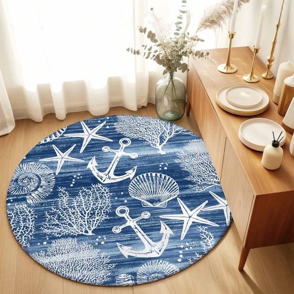 Round Rugs 3Ft, Navy Blue Anchor Nautical Round Area Rug Washable Indoor Throw Carpet, Coastal Beach Coral Starfish Small Non Slip Circle Rug for Bedroom Living Room Home Decor Aesthetic