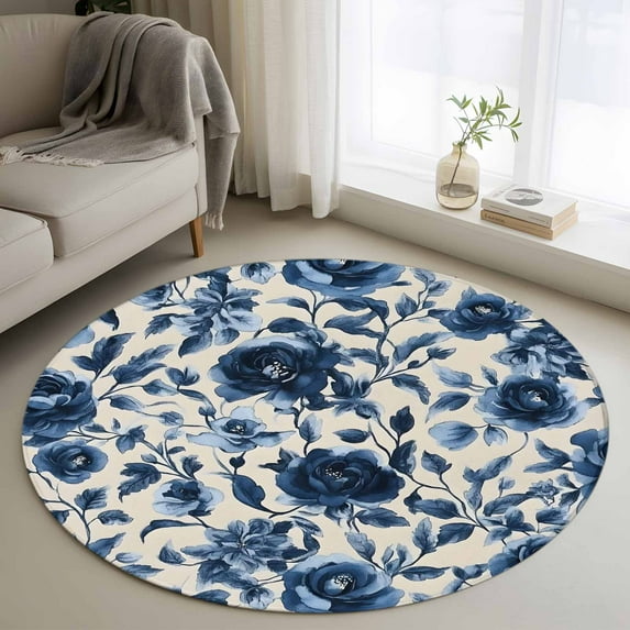 Round Rugs 3Ft, Navy Blue Botanical Peony Round Area Rug Washable Indoor Throw Carpet, Vintage Floral Blossom Small Non Slip Circle Rug for Bedroom Living Room Home Decor Aesthetic