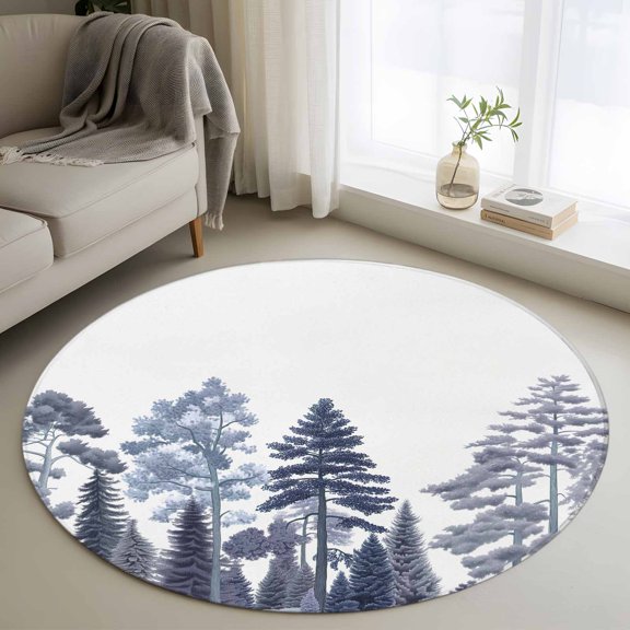 Round Rugs 3Ft, Navy Blue Botanical Round Area Rug Washable Indoor Throw Carpet, Farmhouse Watercolor Pine Tree Small Non Slip Circle Rug for Bedroom Living Room Home Decor Aesthetic