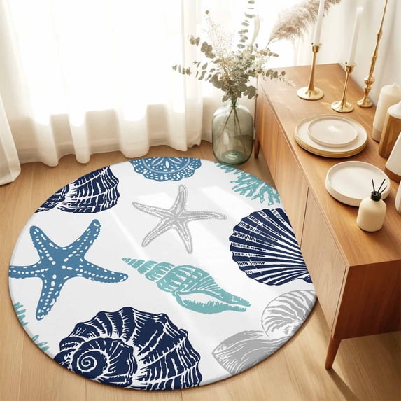 Round Rugs 3Ft, Navy Blue Coastal Round Area Rug Washable Indoor Throw Carpet, Starfish Shell Coral Summer Beach Ocean Small Non Slip Circle Rug for Bedroom Living Room Home Decor Aesthetic
