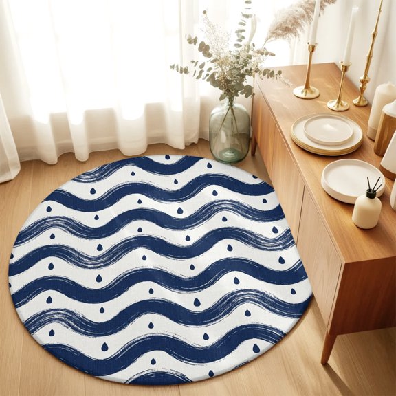 Round Rugs 3Ft, Navy Blue Coastal Waves Round Area Rug Washable Indoor Throw Carpet, Water Droplet Vintage Ocean Stripes Small Non Slip Circle Rug for Bedroom Living Room Home Decor Aesthetic