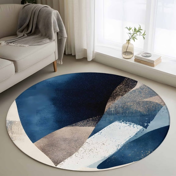 Round Rugs 3Ft, Navy Blue Round Area Rug Washable Indoor Throw Carpet, Contemporary Modern Geometric Abstract Small Non Slip Circle Rug for Bedroom Living Room Home Decor Aesthetic