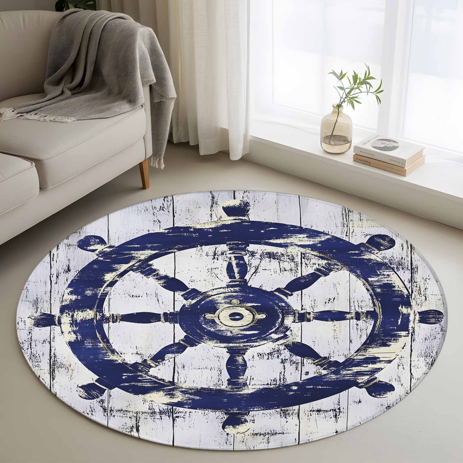 Beachy Round Rug Round Rugs 3Ft, Navy Blue Rudder Coastal Round Area Rug Washable Indoor ...