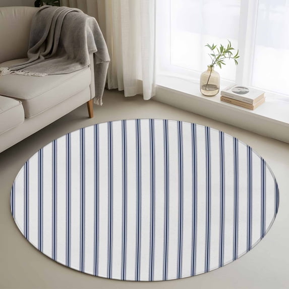 Round Rugs 3Ft, Navy Blue Striped Round Area Rug Washable Indoor Throw Carpet, Navy Blue White Stripes Farmhouse Small Non Slip Circle Rug for Bedroom Living Room Home Decor Aesthetic