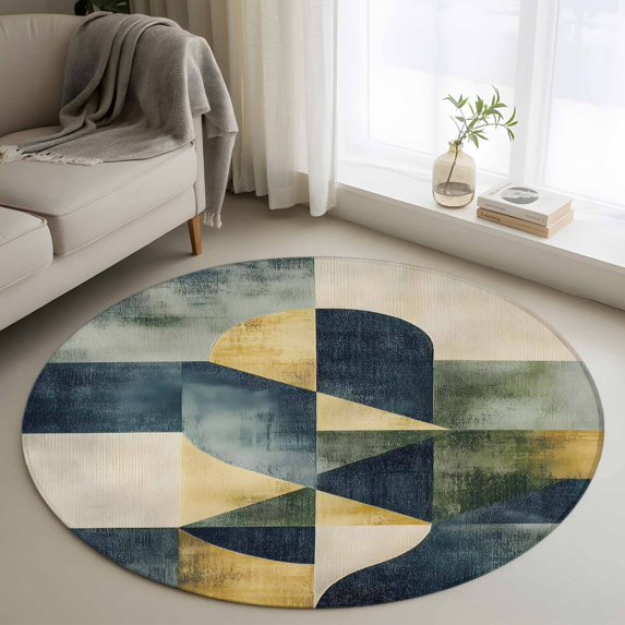 Round Rugs 3Ft, Navy Blue Yellow Geometric Round Area Rug Washable Indoor Throw Carpet, Modern Abstract Art Small Non Slip Circle Rug for Bedroom Living Room Home Decor Aesthetic