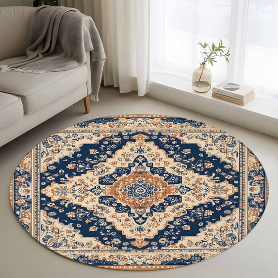 Round Rugs 3Ft, Orange Blue Southwestern Round Area Rug Washable Indoor Throw Carpet, Antique Boho Farmhouse Ethnic Small Non Slip Circle Rug for Bedroom Living Room Home Decor Aesthetic