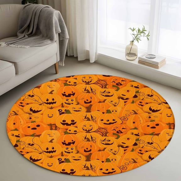 Round Rugs 3Ft, Orange Halloween Round Area Rug Washable Indoor Throw Carpet, Horror Pumpkins Evil Bat Small Non Slip Circle Rug for Bedroom Living Room Home Decor Aesthetic
