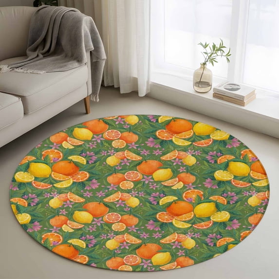 Round Rugs 3Ft, Orange Lemons Round Area Rug Washable Indoor Throw Carpet, Summer Botanical Elegant Pastoral Watercolor Small Non Slip Circle Rug for Bedroom Living Room Home Decor Aesthetic