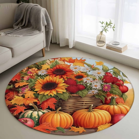 Round Rugs 3Ft, Orange Pumpkins Fall Round Area Rug Washable Indoor Throw Carpet, Watercolor Sunflower Botanical Small Non Slip Circle Rug for Bedroom Living Room Home Decor Aesthetic