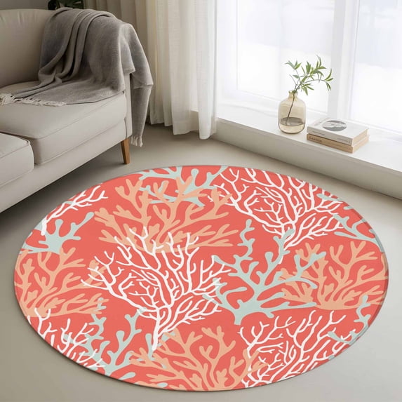 Round Rugs 3Ft, Orange Red Coral Coastal Round Area Rug Washable Indoor Throw Carpet, Ocean Nautical Seaside Beach Small Non Slip Circle Rug for Bedroom Living Room Home Decor Aesthetic