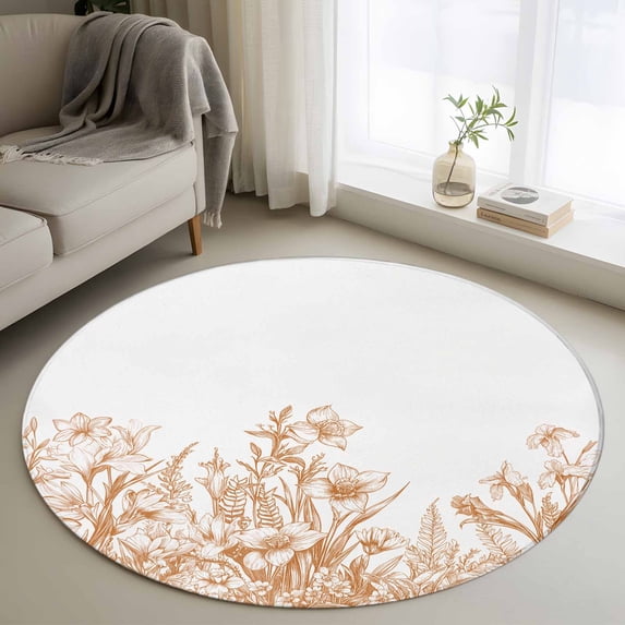 Round Rugs 3Ft, Orange Spring Floral Round Area Rug Washable Indoor Throw Carpet, Watercolor Botanical Summer Vintage Small Non Slip Circle Rug for Bedroom Living Room Home Decor Aesthetic