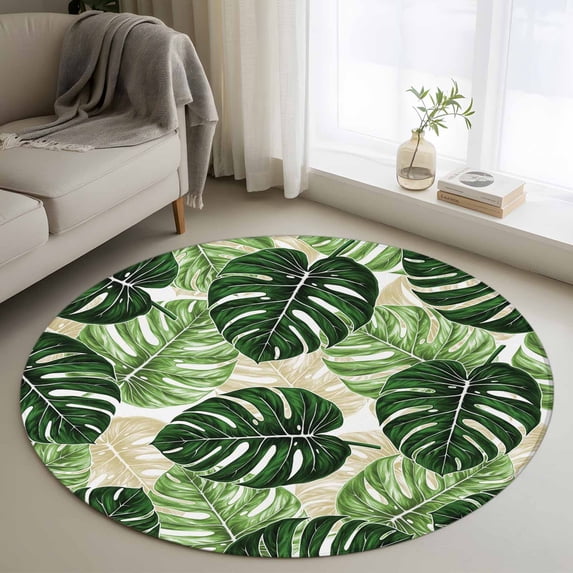 Round Rugs 3Ft, Palm Leaf Round Area Rug Washable Indoor Throw Carpet, Tropical Plant Country Green Summer Small Non Slip Circle Rug for Bedroom Living Room Home Decor Aesthetic
