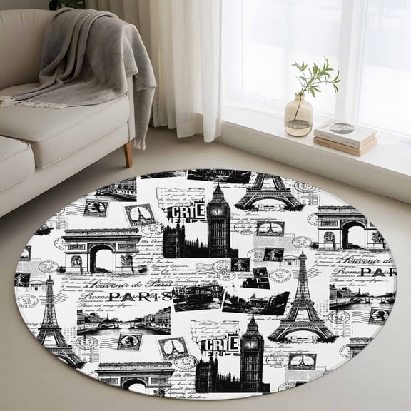 Round Rugs 3Ft, Paris Tower Round Area Rug Washable Indoor Throw Carpet, Vintage Architectural Hand-Painted Aesthetic Small Non Slip Circle Rug for Bedroom Living Room Home Decor Aesthetic