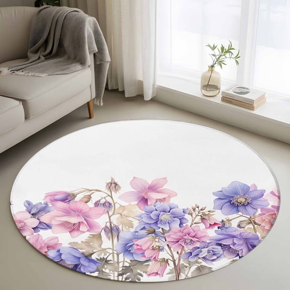 Round Rugs 3Ft, Pink Blue Spring Floral Round Area Rug Washable Indoor Throw Carpet, Summer Flower Botanical Small Non Slip Circle Rug for Bedroom Living Room Home Decor Aesthetic