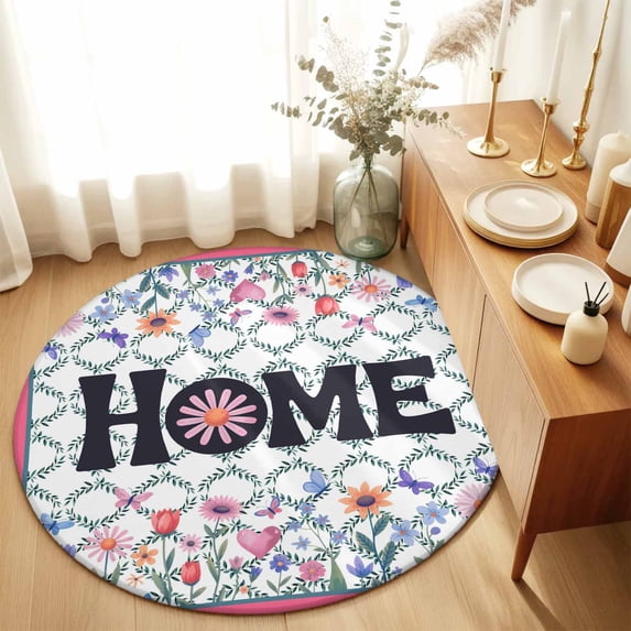 Round Rugs 3Ft, Pink Farmhouse Round Area Rug Washable Indoor Throw Carpet, Rustic Wildflowers Garden Botanical Small Non Slip Circle Rug for Bedroom Living Room Home Decor Aesthetic