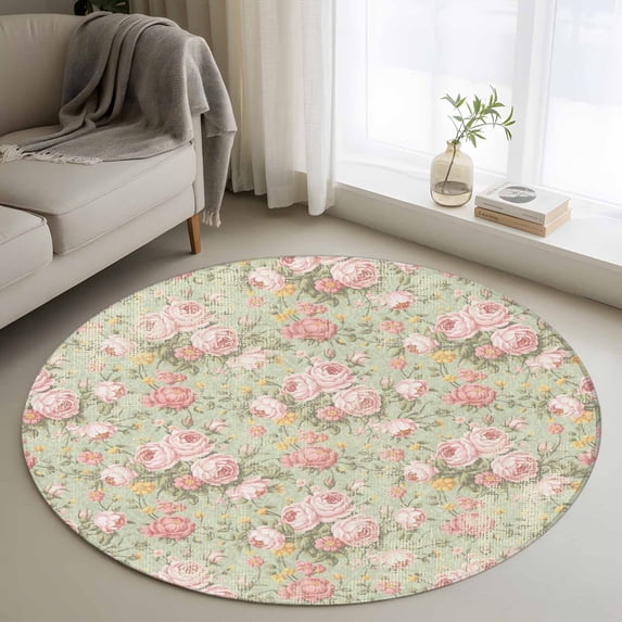 Round Rugs 3Ft, Pink Flowers Round Area Rug Washable Indoor Throw Carpet, Green Country Botanical Floral Leaves Small Non Slip Circle Rug for Bedroom Living Room Home Decor Aesthetic