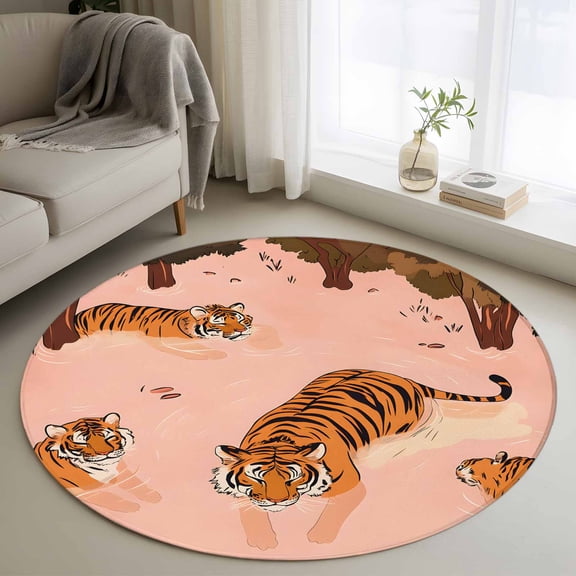 Round Rugs 3Ft, Pink Yellow Tigers Round Area Rug Washable Indoor Throw Carpet, Vintage Farmhouse Animals Small Non Slip Circle Rug for Bedroom Living Room Home Decor Aesthetic