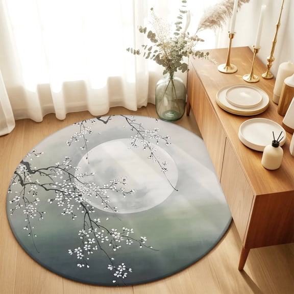 Round Rugs 3Ft, Plum Flowers Round Area Rug Washable Indoor Throw Carpet, Vintage Cherry Blossom Branch Foggy Moon Night Small Non Slip Circle Rug for Bedroom Living Room Home Decor Aesthetic