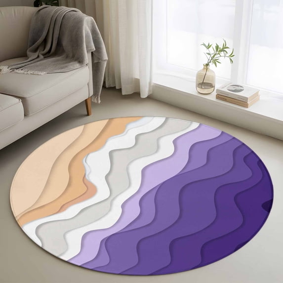 Round Rugs 3Ft, Purple Coastal Beach Round Area Rug Washable Indoor Throw Carpet, Modern Gradient Abstract Sea Waves Small Non Slip Circle Rug for Bedroom Living Room Home Decor Aesthetic