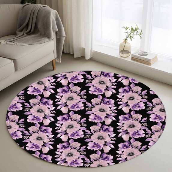 Round Rugs 3Ft, Purple Floral Round Area Rug Washable Indoor Throw Carpet, Abstract Watercolor Flower Leaf Plant Small Non Slip Circle Rug for Bedroom Living Room Home Decor Aesthetic