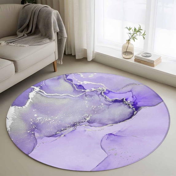 Round Rugs 3Ft, Purple Marble Round Area Rug Washable Indoor Throw Carpet, Modern Abstract Waves Silvery Farmhouse Small Non Slip Circle Rug for Bedroom Living Room Home Decor Aesthetic